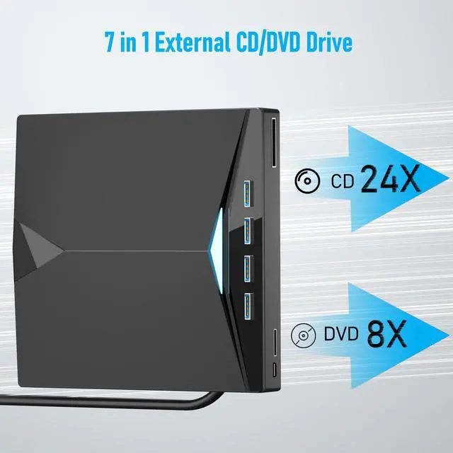 Alt view image 2 of 7 - External CD/DVD Drive for PC, Portable 7 in1 USB 3.0 CD Drive External Usb, CD Reader for PC CD Burner with 4 USB Ports and TF/SD Card Slots, External Dvd Burner for Windows 11/10/8/7/XP/Linux/MacOS