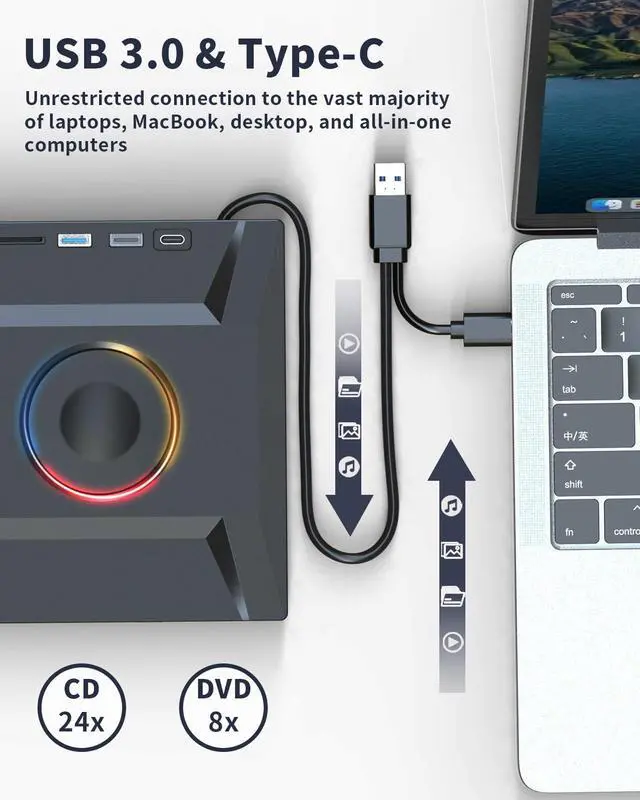 Alt view image 2 of 7 - External CD DVD Drive,7 in 1 USB 3.0 and Type-C Disc Reader Writer Burner Player,Slim and Portable CD DVD +/-RW Optical Drive for PC Laptop Desktop MacBook Mac Windows Linux OS Apple (7 in 1)