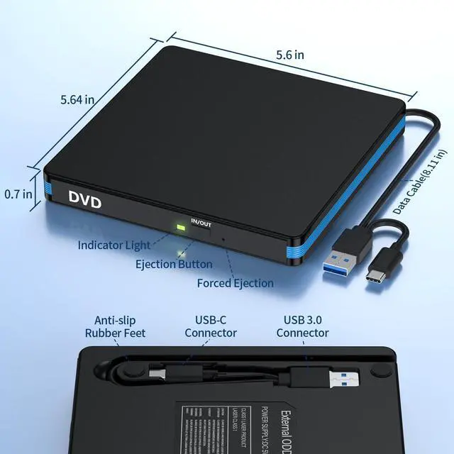 Alt view image 6 of 7 - External CD/DVD Drive for Laptop & Desktop PC, USB 3.0/Type-C Portable CD Drive Burner with Mute Design, DVD Player Portable for MacBook Windows 11/10/8/7/XP Linux Mac OS Systems (2 in 1)