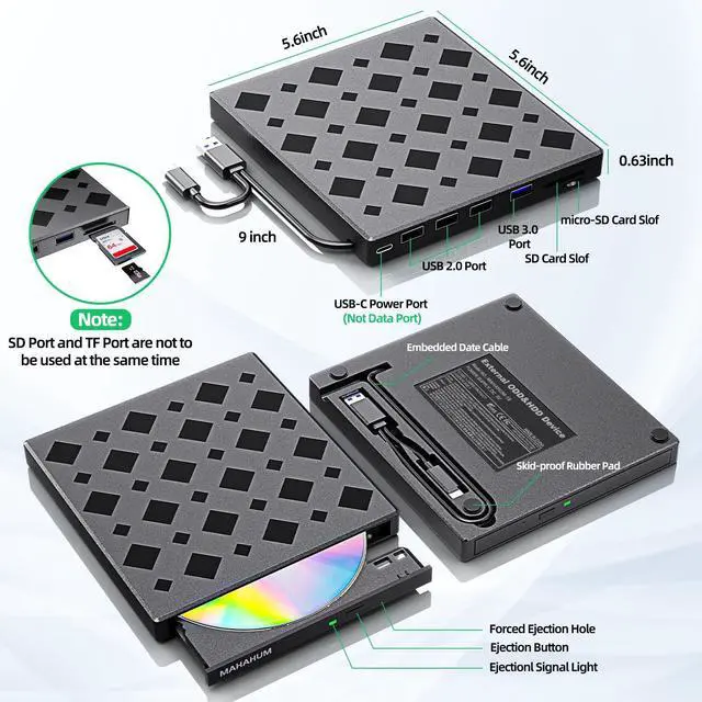 Alt view image 4 of 7 - External CD/DVD Drive for Laptop Mac, USB 3.0 & Type-C 8-in-1 Portable CD Burner/Player/Reader Plug & Play DVD Drive, Compatible with Windows 11/10/8/7, Mac OS, MacBook Pro/Air, Linux