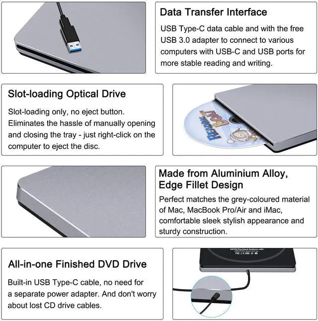 Alt view image 4 of 7 - CD Drive External for Mac: USB C DVD Burner Player SuperDrive for Laptop Windows Apple Plug & Play High-Speed Data Backup with USB3.0 Adapter Aluminum(Grey)