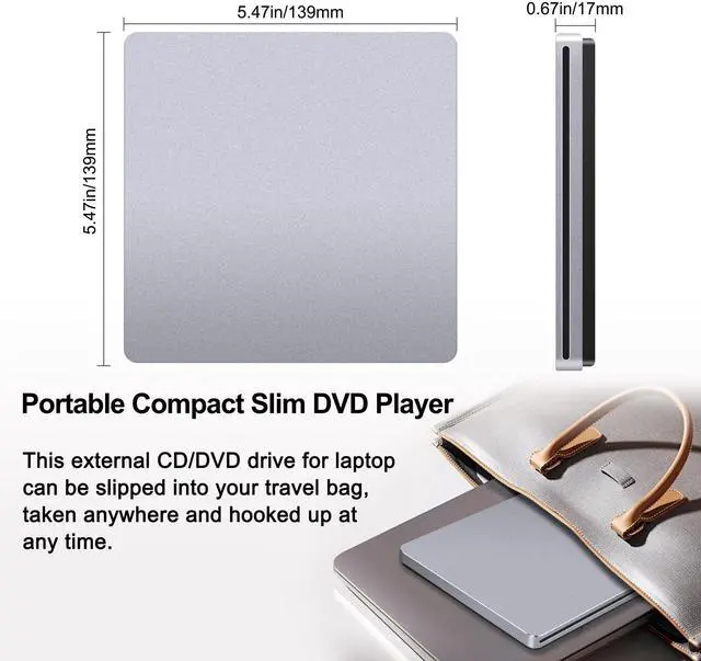 Alt view image 5 of 7 - CD Drive External for Mac: USB C DVD Burner Player SuperDrive for Laptop Windows Apple Plug & Play High-Speed Data Backup with USB3.0 Adapter Aluminum(Grey)