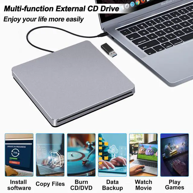 Alt view image 6 of 7 - CD Drive External for Mac: USB C DVD Burner Player SuperDrive for Laptop Windows Apple Plug & Play High-Speed Data Backup with USB3.0 Adapter Aluminum(Grey)