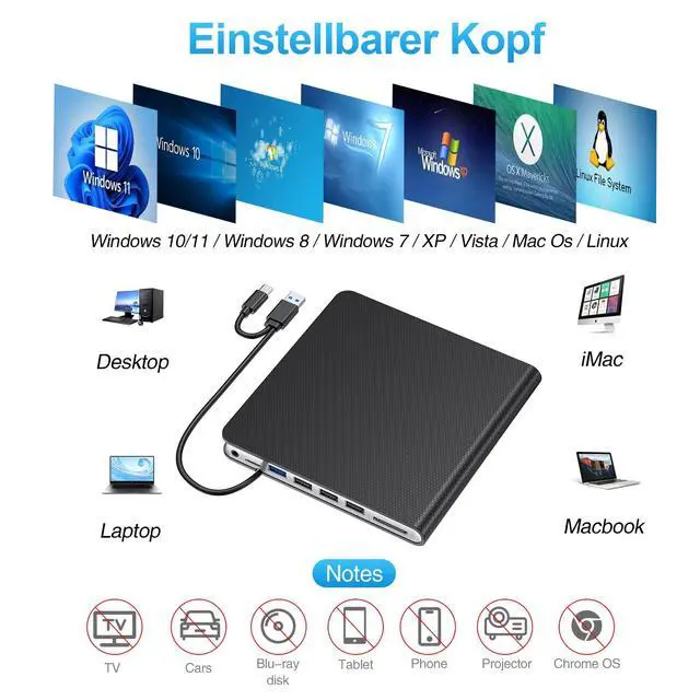Alt view image 4 of 7 - External CD DVD Drive for Laptop USB 3.0 USB C CD Burner External DVD Drive Portable CD ROM Burner Reader Writer Drive External DVD Player for Laptop Desktop PC Windows 11/10/8/7 MacBook Mac OS Linux