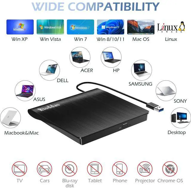 Alt view image 4 of 7 - Rioddas External CD/DVD Drive for Laptop, USB 3.0 CD DVD Player Portable +/-RW Burner CD ROM Reader Writer Disk Duplicator Compatible with Laptop Desktop PC Windows Apple Mac Pro MacBook Linux