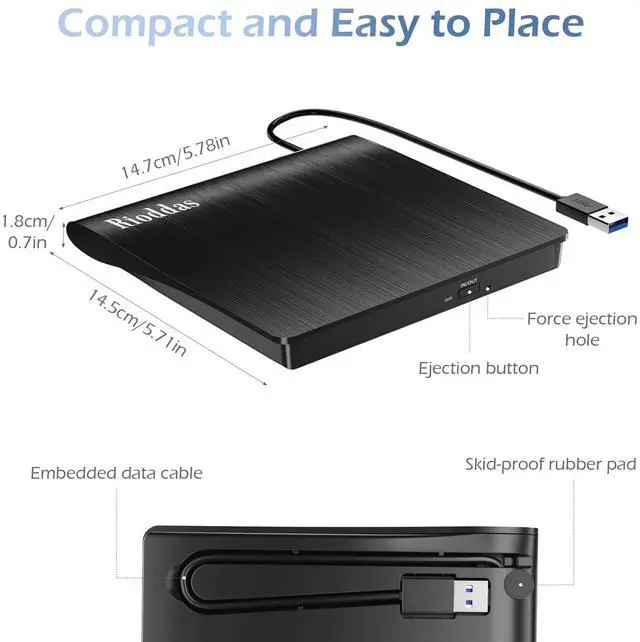 Alt view image 6 of 7 - Rioddas External CD/DVD Drive for Laptop, USB 3.0 CD DVD Player Portable +/-RW Burner CD ROM Reader Writer Disk Duplicator Compatible with Laptop Desktop PC Windows Apple Mac Pro MacBook Linux