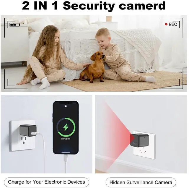 Alt view image 2 of 6 - 1080P Camera Charger with 2.4Ghz/5Ghz WiFi - Wireless Mini Camera for Pets Nanny - Real Time Monitoring - Small Nanny Cam for Indoor Home Security