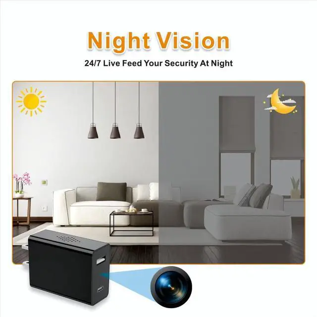 Alt view image 4 of 7 - Wireless Smart Charger Camera - Mini HD 1080P WiFi Camera with Night Vision - Dual Port Design (USB + Type-C) - Hidden Micro Nanny Cam for Home Indoor Security