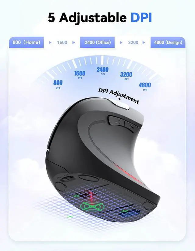 Alt view image 3 of 7 - 2.4G Ergonomic Mouse Vertical Wireless - 4800 DPI Optical Carpal Tunnel Mouse Right Hand, 5 Adjustable DPI, Quiet Clicks, 6 Buttons for Laptop, Desktop, PC, Computer - Black