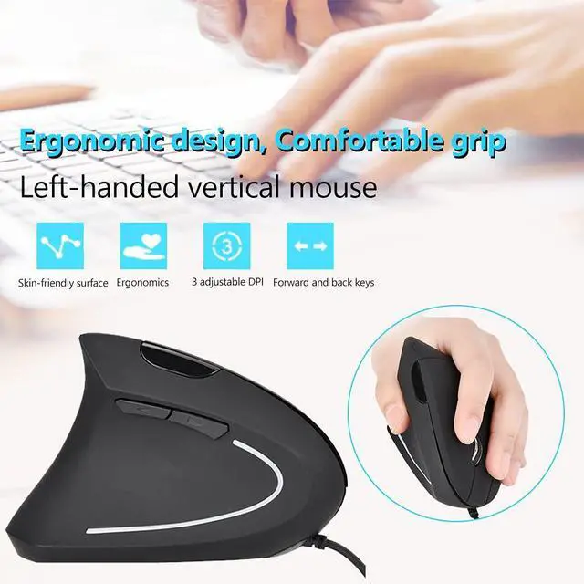 Alt view image 2 of 7 - Ergonomic Vertical USB Wired Mouse, Left Handed Optical Mouse, 3 Adjustable DPI 800/1200/1600, 6 Programmable Buttons, Universal Gaming Mouse for Laptop, Desktop, Notebook, PC, Computer (Black)
