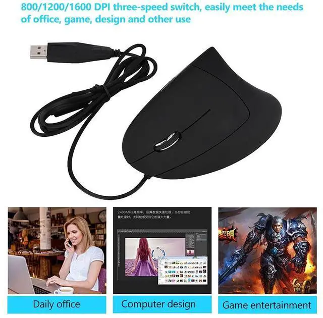 Alt view image 6 of 7 - Ergonomic Vertical USB Wired Mouse, Left Handed Optical Mouse, 3 Adjustable DPI 800/1200/1600, 6 Programmable Buttons, Universal Gaming Mouse for Laptop, Desktop, Notebook, PC, Computer (Black)