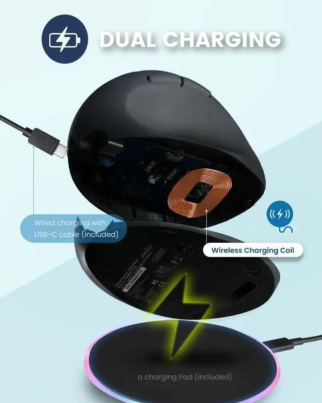 Alt view image 4 of 7 - 719RX Wireless 2.4G Rechargeable Ergonomic Mouse - Duo Wired and Cordless Charging Feature - Wireless Charger Included - Black