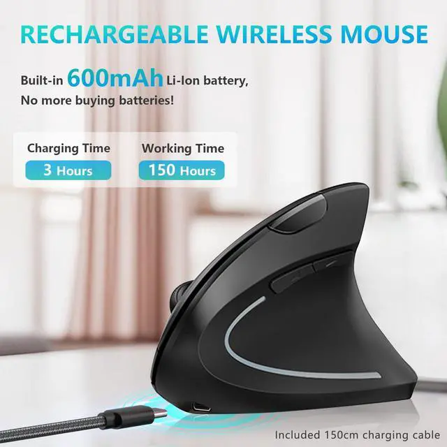 Alt view image 3 of 7 - Ergonomic Mouse, Vertical Wireless Mouse - Rechargeable 2.4G Optical Vertical Mice : 3 Adjustable DPI 800/1200/1600 Levels 6 Buttons, for Laptop, Mac, PC, Computer, Desktop, Notebook etc, Black