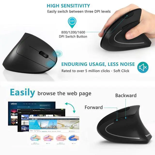 Alt view image 5 of 7 - Ergonomic Mouse, Vertical Wireless Mouse - Rechargeable 2.4G Optical Vertical Mice : 3 Adjustable DPI 800/1200/1600 Levels 6 Buttons, for Laptop, Mac, PC, Computer, Desktop, Notebook etc, Black
