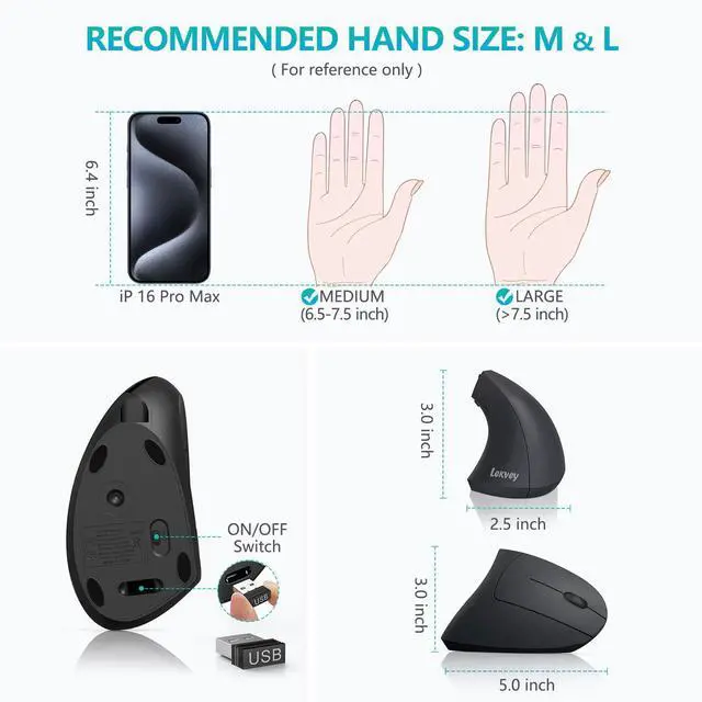 Alt view image 6 of 7 - Ergonomic Mouse, Vertical Wireless Mouse - Rechargeable 2.4G Optical Vertical Mice : 3 Adjustable DPI 800/1200/1600 Levels 6 Buttons, for Laptop, Mac, PC, Computer, Desktop, Notebook etc, Black