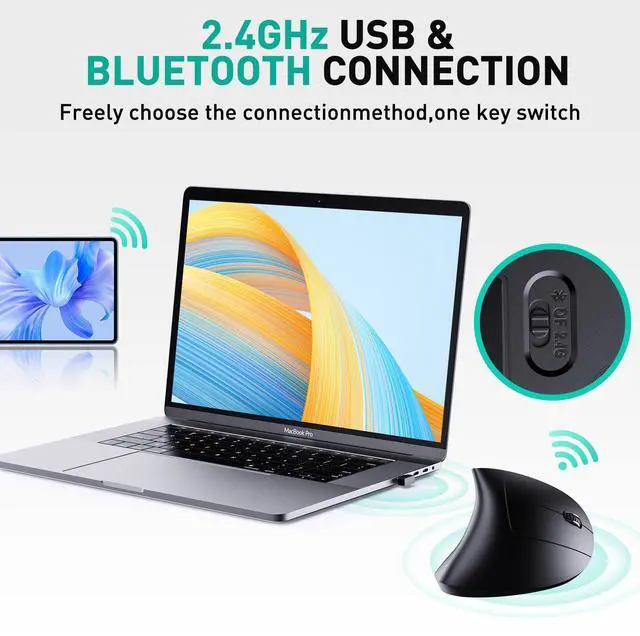 Alt view image 2 of 7 - Bluetooth and 2.4G (2-in-1) Rechargeable Wireless Mouse, Ergonomic Vertical Design, 1000/1200/1600 DPI, 6 Silent Buttons, for Laptop, Computer, PC, MacBook, Chromebook-Black