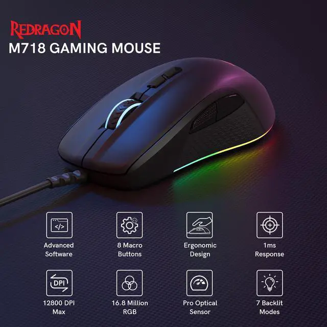 Alt view image 2 of 7 - Redragon Wired Gaming Mouse, Black PC Gaming Mice with RGB Backlits, 7 Programmable Macro Buttons, Max 12800 DPI, 1000Hz Polling Rate, Cool Corded Optical Mouse for Computer/PC/Laptop/Gamer, M718-AIR