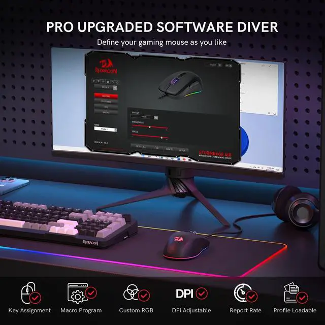 Alt view image 5 of 7 - Redragon Wired Gaming Mouse, Black PC Gaming Mice with RGB Backlits, 7 Programmable Macro Buttons, Max 12800 DPI, 1000Hz Polling Rate, Cool Corded Optical Mouse for Computer/PC/Laptop/Gamer, M718-AIR