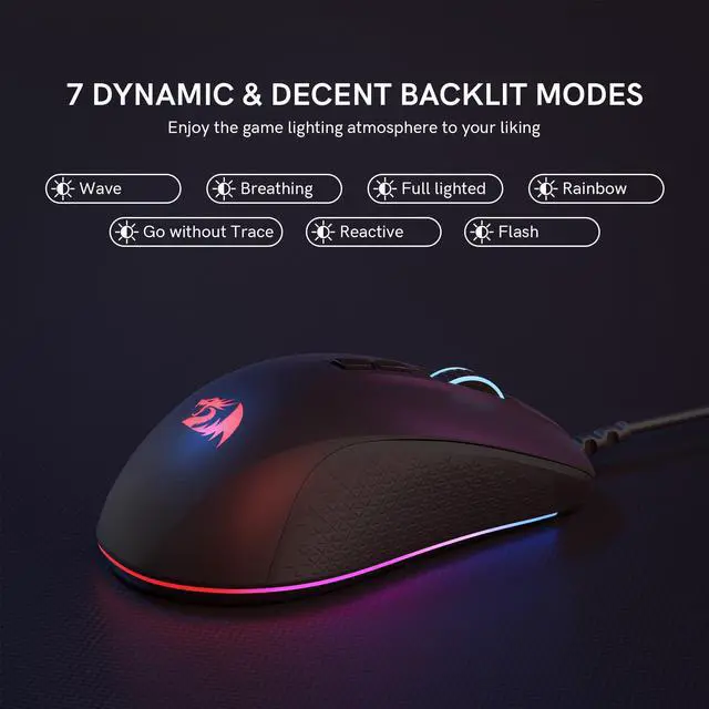 Alt view image 6 of 7 - Redragon Wired Gaming Mouse, Black PC Gaming Mice with RGB Backlits, 7 Programmable Macro Buttons, Max 12800 DPI, 1000Hz Polling Rate, Cool Corded Optical Mouse for Computer/PC/Laptop/Gamer, M718-AIR