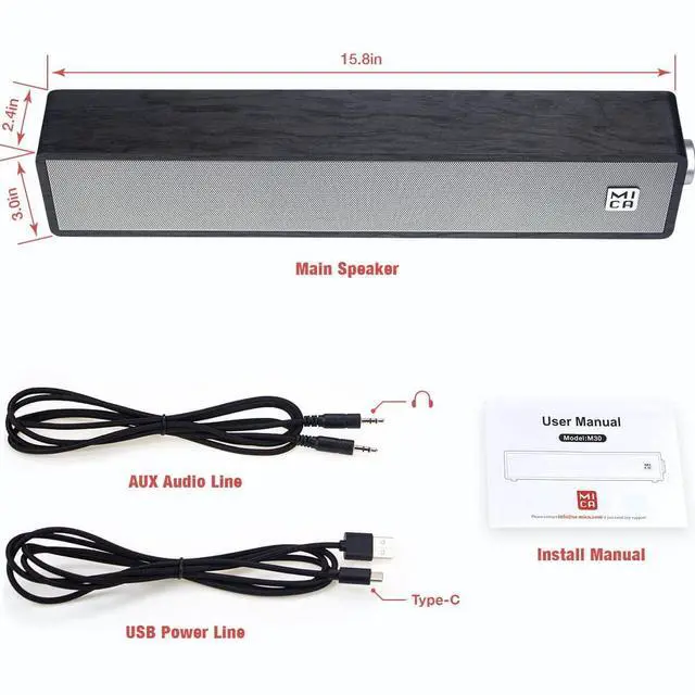 Alt view image 6 of 6 - Computer Speakers, Wired Computer Sound Bar, Wooden Mini Soundbar, USB Powered PC Speakers for Desktop Monitor, Laptop, Tablet, 3.5mm Aux Connection, Angled (Gray)