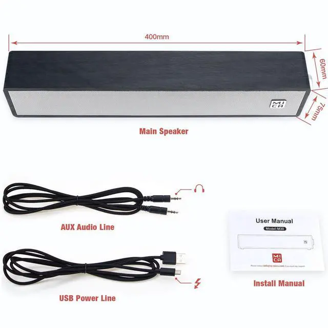 Alt view image 6 of 7 - Computer Speakers, Wired Computer Sound Bar, Wooden Mini Soundbar, 3.5mm Aux Connection, USB Powered PC Speakers for Desktop Monitor, Laptop, Tablets (Black)