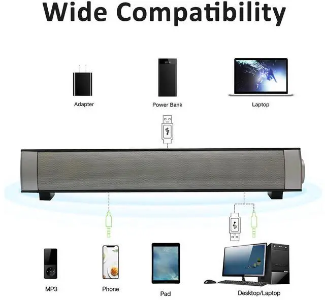 Alt view image 5 of 7 - Computer Speakers for Desktop, Wired and Wireless Computer Sound Bar, Stereo USB Powered Mini Soundbar Speakers for PC Tablets Laptop Desktop Projector Cellphone
