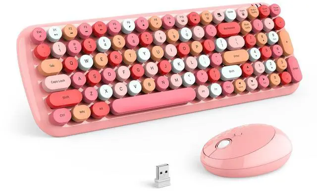 Main image of Wireless Keyboard and Mouse Combo, Full-Size Retro Typewriter-Style Wireless Keyboard with Optical Mouse for Computer/Laptop/Windows/Mac (Pink Colorful)