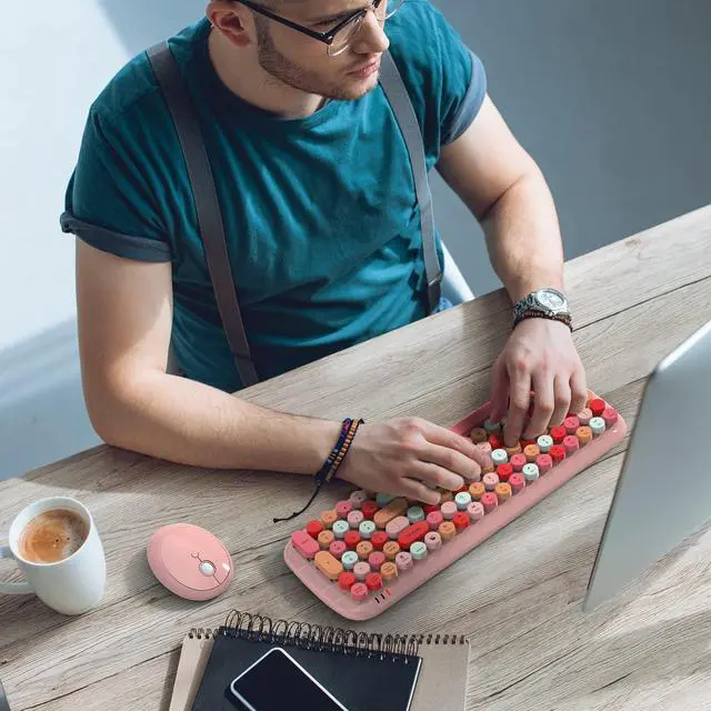Alt view image 2 of 7 - Wireless Keyboard and Mouse Combo, Full-Size Retro Typewriter-Style Wireless Keyboard with Optical Mouse for Computer/Laptop/Windows/Mac (Pink Colorful)