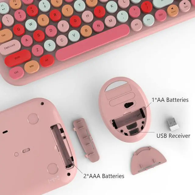 Alt view image 5 of 7 - Wireless Keyboard and Mouse Combo, Full-Size Retro Typewriter-Style Wireless Keyboard with Optical Mouse for Computer/Laptop/Windows/Mac (Pink Colorful)