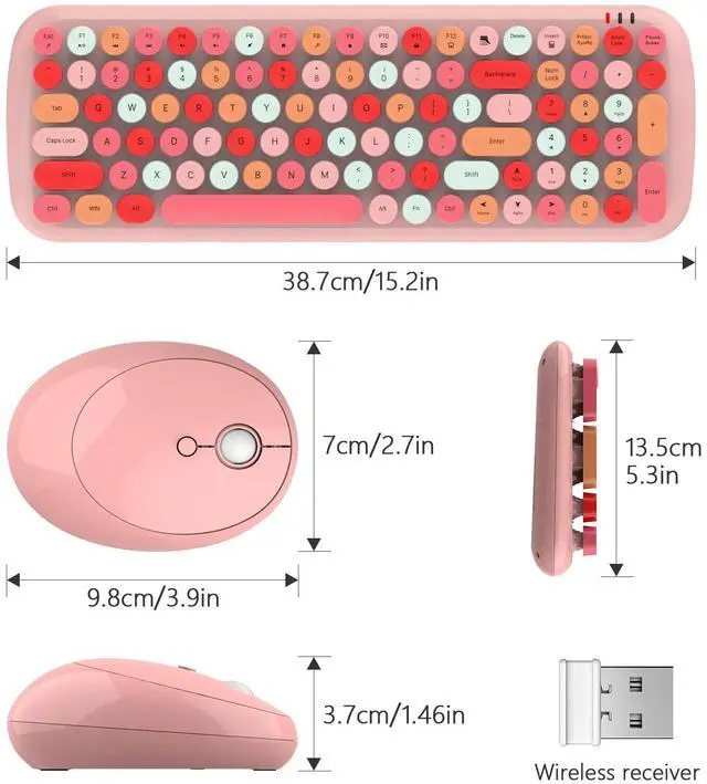 Alt view image 7 of 7 - Wireless Keyboard and Mouse Combo, Full-Size Retro Typewriter-Style Wireless Keyboard with Optical Mouse for Computer/Laptop/Windows/Mac (Pink Colorful)