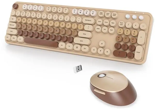 Main image of Wireless Keyboard and Mouse Set, Retro Typewriter Keyboard, 2.4GHz Full Size 104-Key Cute Keyboard with Number Pad, Colorful Keyboard with Round Keycaps for Windows PC Laptop(Coffee)
