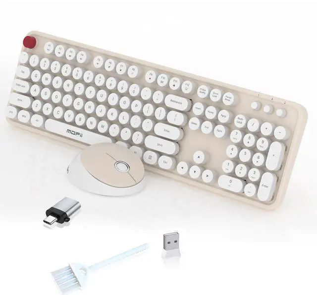Main image of Wireless Keyboard and Mouse Combo, MOFII 104 Keys Full-Size Retro Round Keys Typewriter Keyboards Ergonomic Keyboards and Mouse Wireless for Windows, PC, Laptop, Desktop White