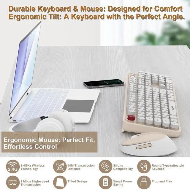 Alt view image 2 of 7 - Wireless Keyboard and Mouse Combo, MOFII 104 Keys Full-Size Retro Round Keys Typewriter Keyboards Ergonomic Keyboards and Mouse Wireless for Windows, PC, Laptop, Desktop White