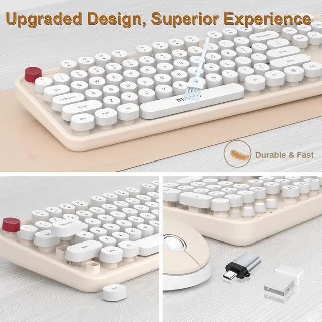 Alt view image 3 of 7 - Wireless Keyboard and Mouse Combo, MOFII 104 Keys Full-Size Retro Round Keys Typewriter Keyboards Ergonomic Keyboards and Mouse Wireless for Windows, PC, Laptop, Desktop White