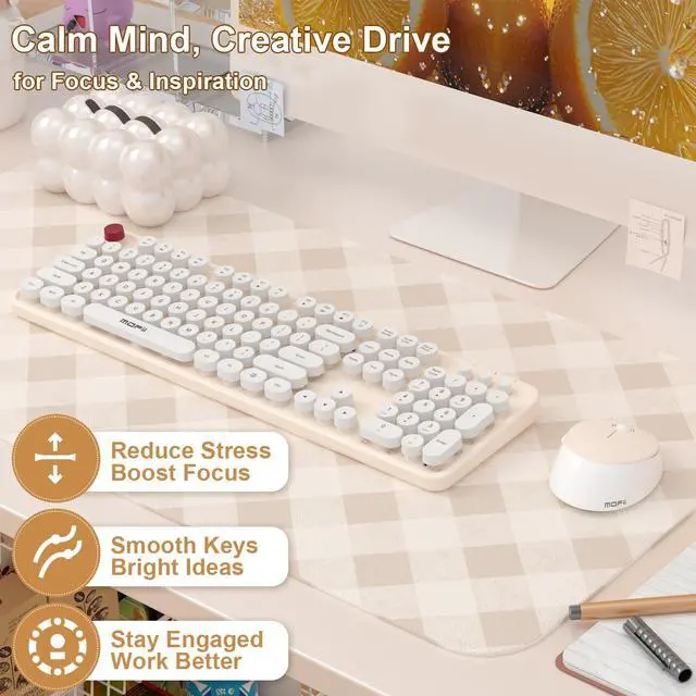Alt view image 4 of 7 - Wireless Keyboard and Mouse Combo, MOFII 104 Keys Full-Size Retro Round Keys Typewriter Keyboards Ergonomic Keyboards and Mouse Wireless for Windows, PC, Laptop, Desktop White