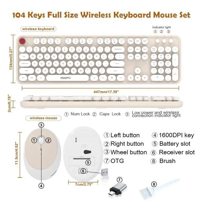Alt view image 5 of 7 - Wireless Keyboard and Mouse Combo, MOFII 104 Keys Full-Size Retro Round Keys Typewriter Keyboards Ergonomic Keyboards and Mouse Wireless for Windows, PC, Laptop, Desktop White