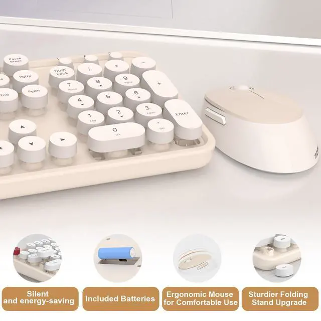 Alt view image 6 of 7 - Wireless Keyboard and Mouse Combo, MOFII 104 Keys Full-Size Retro Round Keys Typewriter Keyboards Ergonomic Keyboards and Mouse Wireless for Windows, PC, Laptop, Desktop White