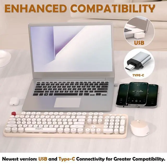 Alt view image 7 of 7 - Wireless Keyboard and Mouse Combo, MOFII 104 Keys Full-Size Retro Round Keys Typewriter Keyboards Ergonomic Keyboards and Mouse Wireless for Windows, PC, Laptop, Desktop White