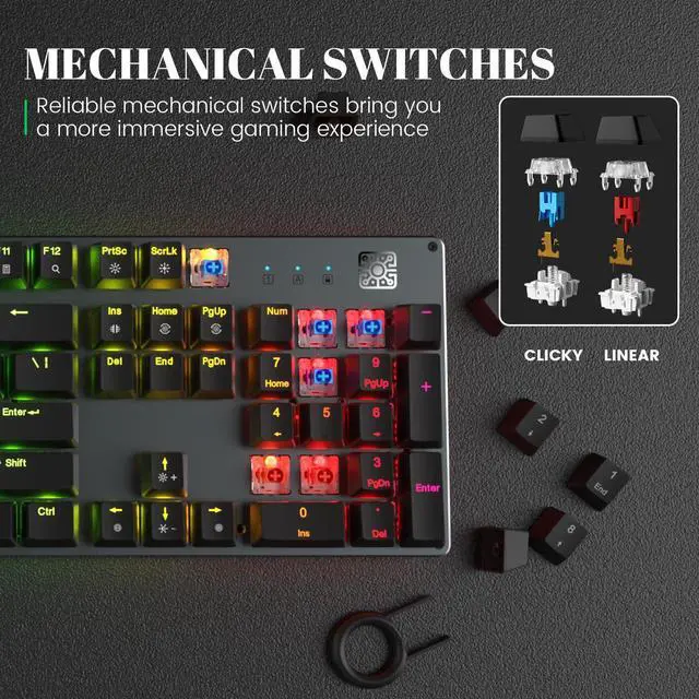 Alt view image 2 of 7 - Mechanical Gaming Keyboard with Clicky Blue Switches, RGB Backlit Full Size 104 Key Programmable Wired Keyboard with Aluminum Base for Gaming/Typing/PC/Mac
