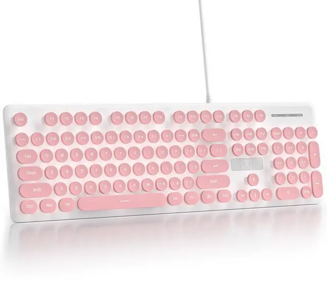 Main image of Wired Retro Typewriter Keyboard, Quiet Full Size Membrane Keyboard Light Up, Pink Cute Computer Keyboards, 104 Round Keys, White LED Backlit, Slim, Silent for Windows PC, Laptop