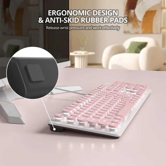 Alt view image 4 of 7 - Wired Retro Typewriter Keyboard, Quiet Full Size Membrane Keyboard Light Up, Pink Cute Computer Keyboards, 104 Round Keys, White LED Backlit, Slim, Silent for Windows PC, Laptop