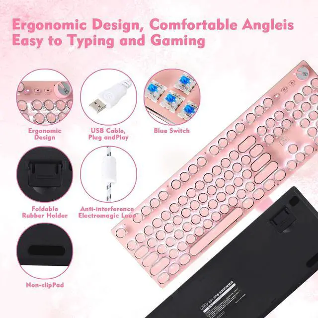 Alt view image 2 of 7 - Retro Steampunk Typewriter-Style Gaming Keyboard, Blue Switches,Pure White Backlight, USB Wired, for PC Laptop Desktop, Stylish Pink Mechanical Keyboard Round Keycaps