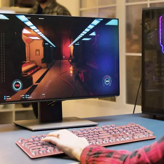 Alt view image 4 of 7 - Retro Steampunk Typewriter-Style Gaming Keyboard, Blue Switches,Pure White Backlight, USB Wired, for PC Laptop Desktop, Stylish Pink Mechanical Keyboard Round Keycaps