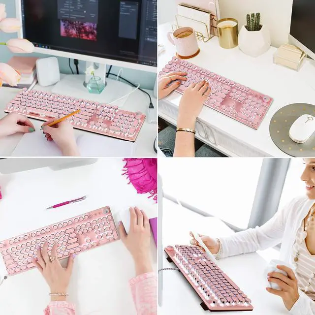 Alt view image 7 of 7 - Retro Steampunk Typewriter-Style Gaming Keyboard, Blue Switches,Pure White Backlight, USB Wired, for PC Laptop Desktop, Stylish Pink Mechanical Keyboard Round Keycaps