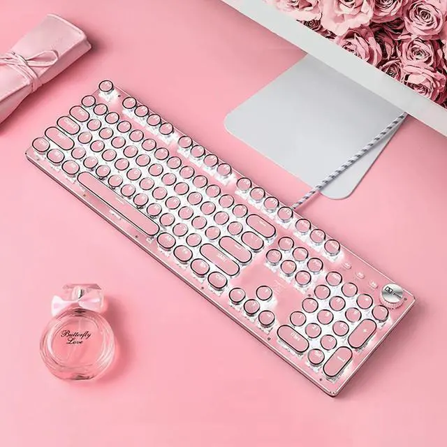 Alt view image 6 of 7 - Retro Steampunk Typewriter-Style Gaming Keyboard, Blue Switches,Pure White Backlight, USB Wired, for PC Laptop Desktop, Stylish Pink Mechanical Keyboard Round Keycaps