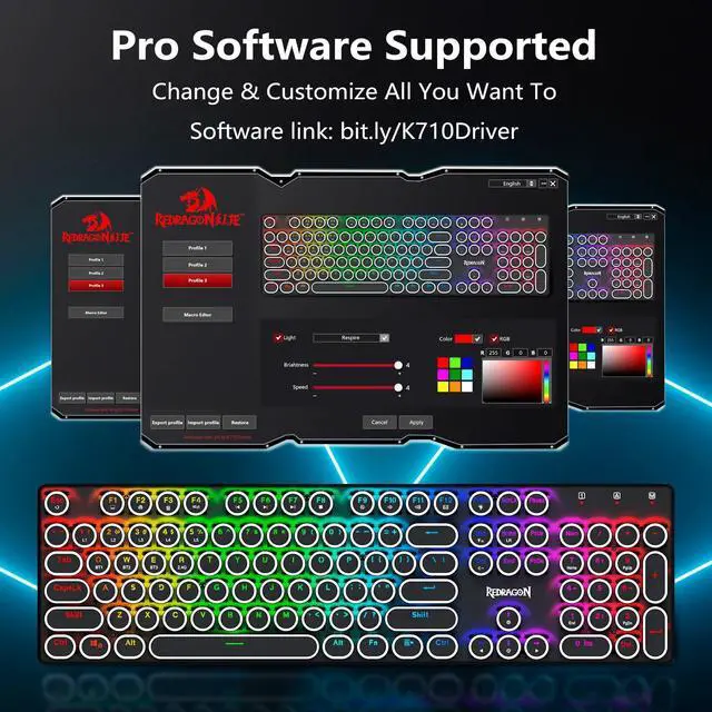 Alt view image 7 of 7 - K710 Wireless Typewriter Style Mechanical Gaming Keyboard, Bluetooth/2.4Ghz/Wired, RGB Backlit, Rechargeable, Blue Switch - Clicky, Metal Panel, Round Keycaps, Black