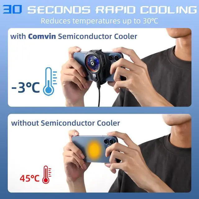 Alt view image 3 of 7 - Cell Phone Cooler for Gaming - Clip On Mobile Phone Cooling Fan with Dual Mode/Temperature Display/LED Light/Ultra Quiet, Supports Devices for 67-88mm Width iOS/Android, Cellphone Gaming