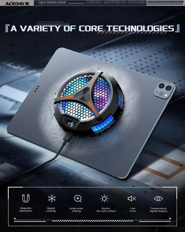 Alt view image 3 of 7 - Cooler,Magnetic Tablet Cooler for ipad/Surface pro/Samsung Tab,Compatible for Steam Deck,Universal Radiator with Temperature Display for Mobile Gaming,Tiktok Live Streaming