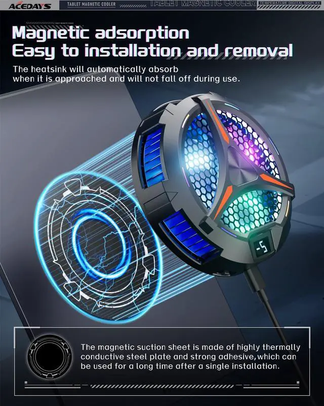 Alt view image 6 of 7 - Cooler,Magnetic Tablet Cooler for ipad/Surface pro/Samsung Tab,Compatible for Steam Deck,Universal Radiator with Temperature Display for Mobile Gaming,Tiktok Live Streaming