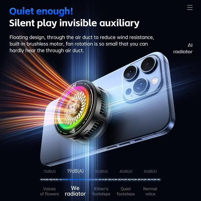 Alt view image 2 of 6 - Magnetic Gaming PhoneCooler,Phone Cooling Fan with RGB Lights, Cell Phone Radiator, Phone Heasink Fan for Mobile Games and Live Streaming,Compatible with iPhone 15 16 Pro Max MagSafe Samsung iPad
